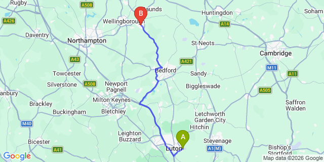 Map: London Luton Airport (LTN) to Rushden