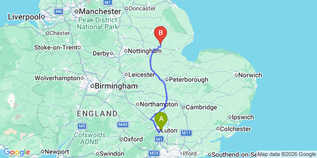Map: London Luton Airport (LTN) to Ruskington