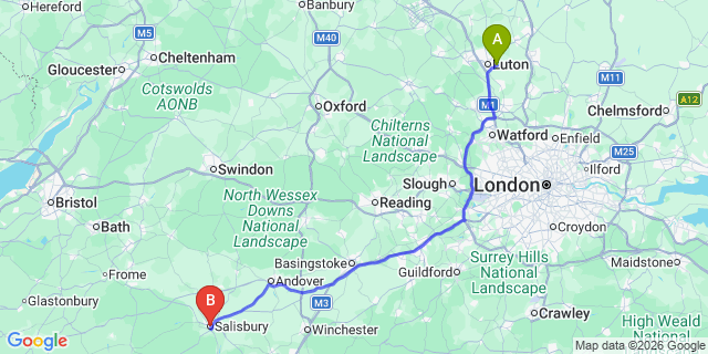 Map: London Luton Airport (LTN) to Salisbury