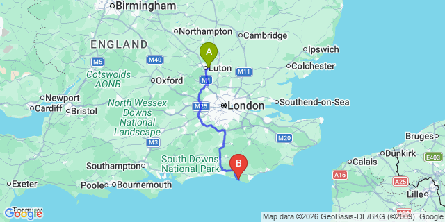 Map: London Luton Airport (LTN) to Seaford