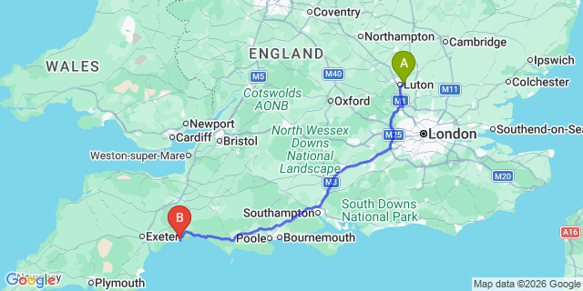 Map: London Luton Airport (LTN) to Seaton