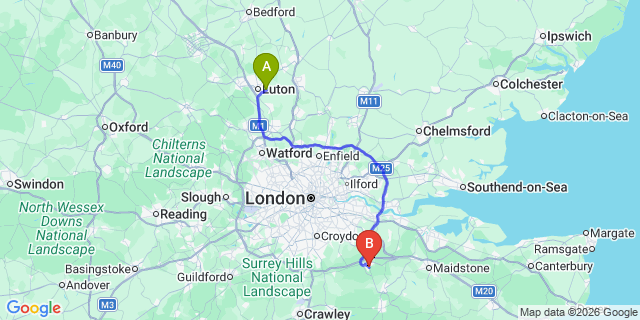 Map: London Luton Airport (LTN) to Sevenoaks