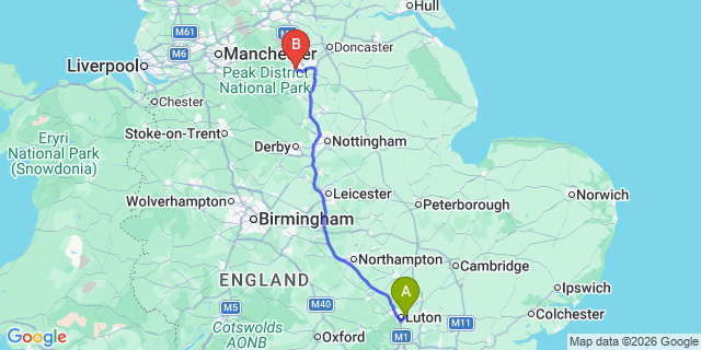 Map: London Luton Airport (LTN) to Sheffield
