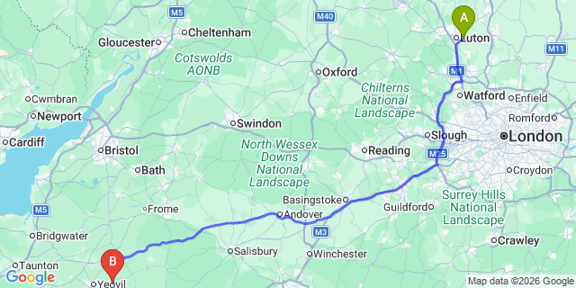 Map: London Luton Airport (LTN) to Sherborne