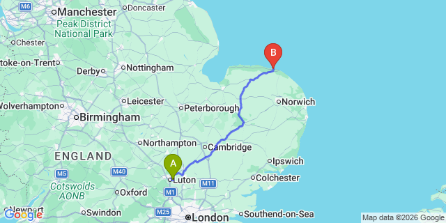 Map: London Luton Airport (LTN) to Sheringham