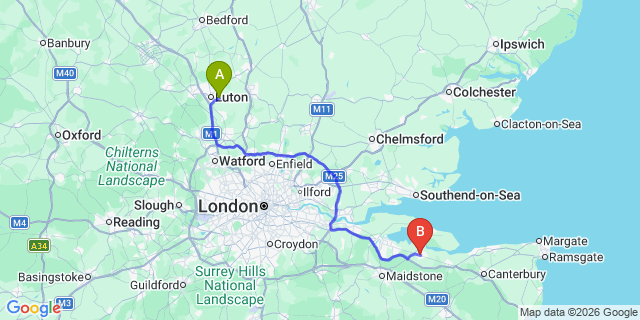 Map: London Luton Airport (LTN) to Sittingbourne