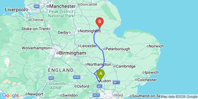 Map: London Luton Airport (LTN) to Sleaford