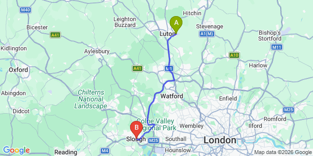 Map: London Luton Airport (LTN) to Slough