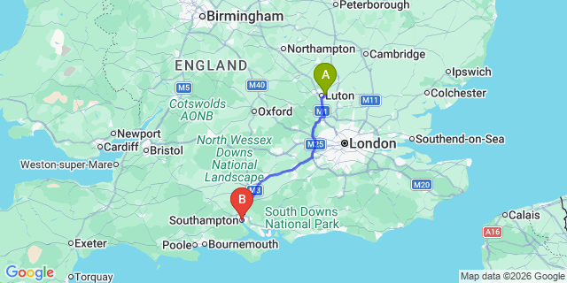 Map: London Luton Airport (LTN) to Southampton