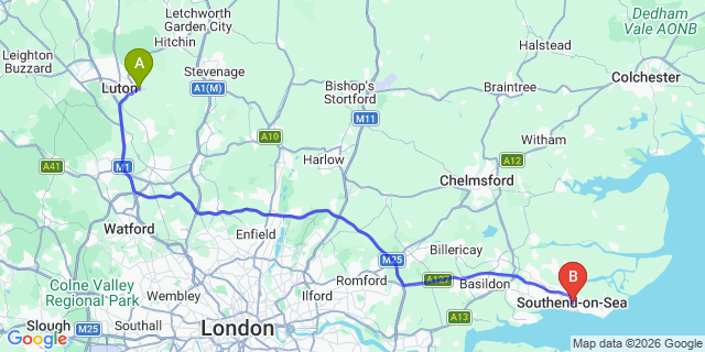 Map: London Luton Airport (LTN) to Southend-On-Sea