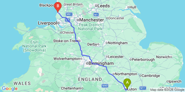 Map: London Luton Airport (LTN) to Southport