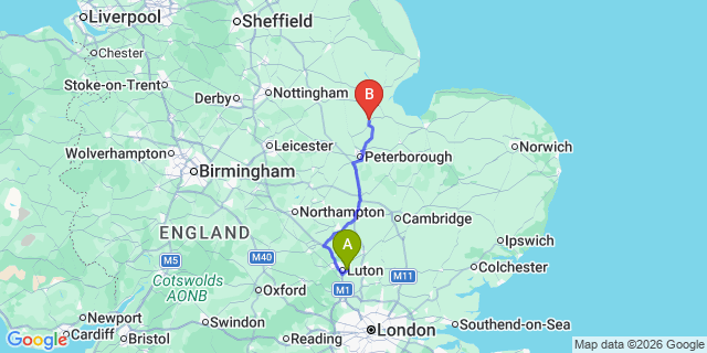 Map: London Luton Airport (LTN) to Spalding