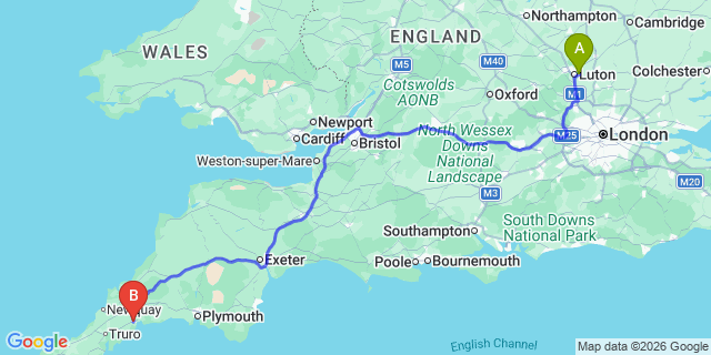 Map: London Luton Airport (LTN) to St Austell