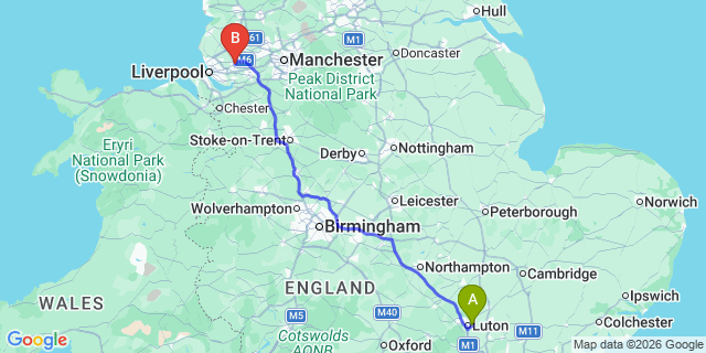 Map: London Luton Airport (LTN) to St Helens