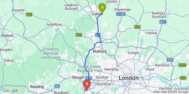 Map: London Luton Airport (LTN) to Staines