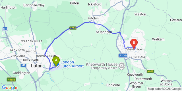 Map: London Luton Airport (LTN) to Stevenage