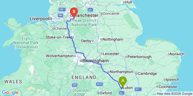 Map: London Luton Airport (LTN) to Stockport