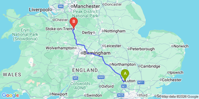Map: London Luton Airport (LTN) to Stoke-On-Trent