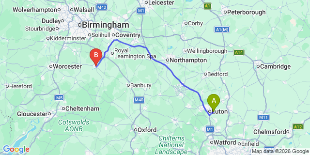 Map: London Luton Airport (LTN) to Stratford-Upon-Avon