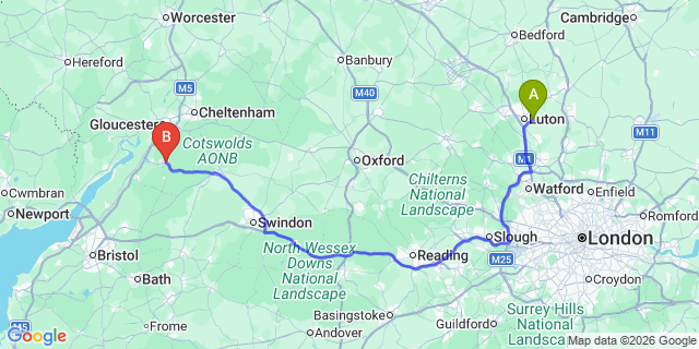 Map: London Luton Airport (LTN) to Stroud