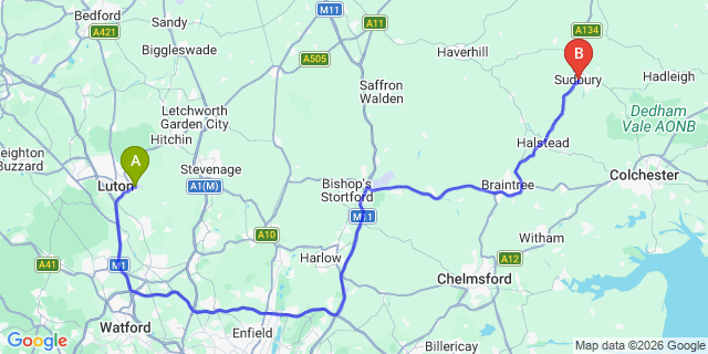 Map: London Luton Airport (LTN) to Sudbury