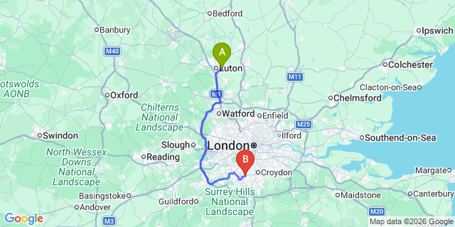 Map: London Luton Airport (LTN) to Sutton