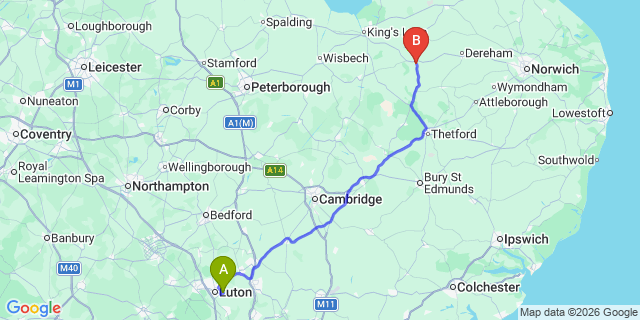 Map: London Luton Airport (LTN) to Swaffham