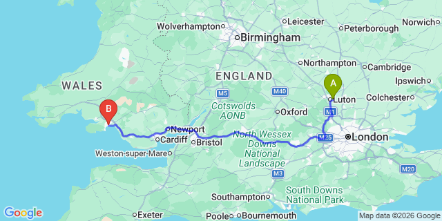 Map: London Luton Airport (LTN) to Swansea