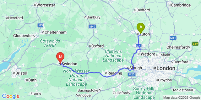 Map: London Luton Airport (LTN) to Swindon