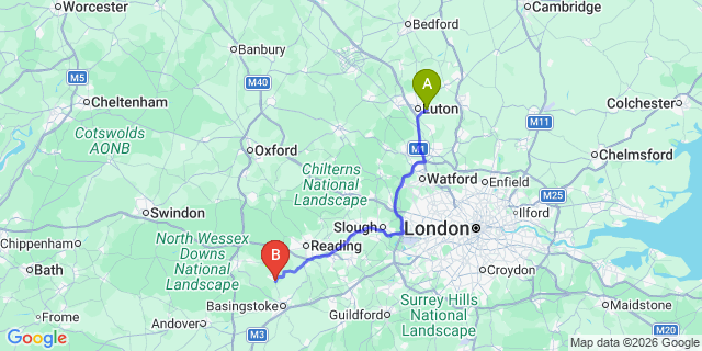 Map: London Luton Airport (LTN) to Tadley
