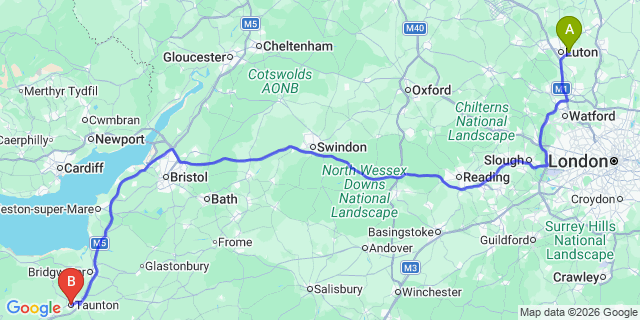Map: London Luton Airport (LTN) to Taunton