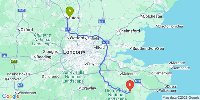 Map: London Luton Airport (LTN) to Tenterden