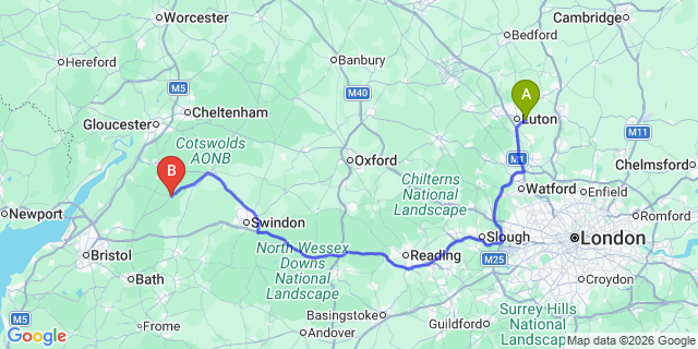 Map: London Luton Airport (LTN) to Tetbury