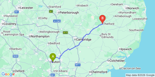 Map: London Luton Airport (LTN) to Thetford