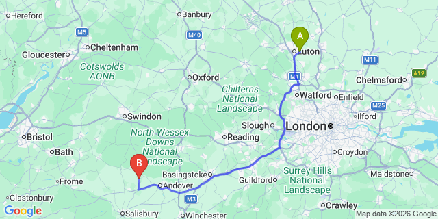 Map: London Luton Airport (LTN) to Tidworth