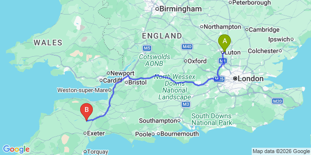Map: London Luton Airport (LTN) to Tiverton