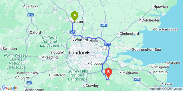 Map: London Luton Airport (LTN) to Tonbridge