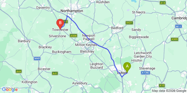 Map: London Luton Airport (LTN) to Towcester