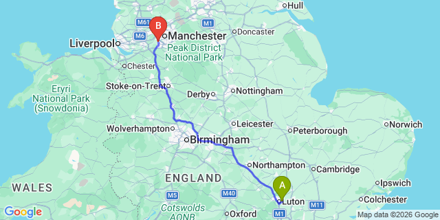 Map: London Luton Airport (LTN) to Trafford