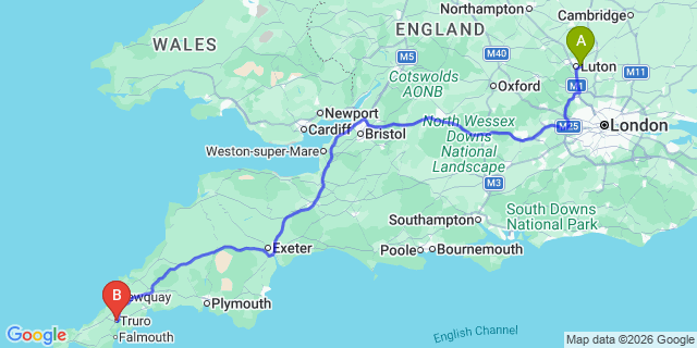 Map: London Luton Airport (LTN) to Truro