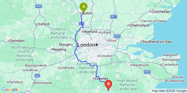 Map: London Luton Airport (LTN) to Uckfield