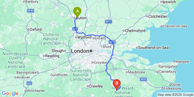 Map: London Luton Airport (LTN) to Wadhurst