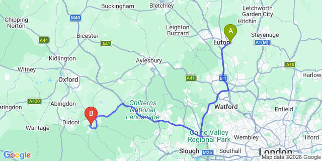 Map: London Luton Airport (LTN) to Wallingford