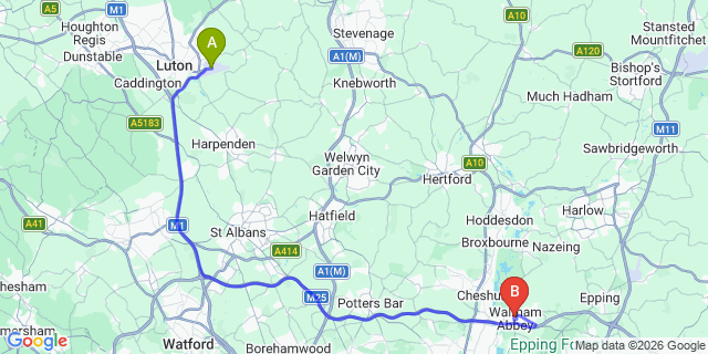 Map: London Luton Airport (LTN) to Waltham Abbey