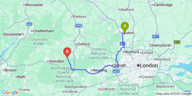 Map: London Luton Airport (LTN) to Wantage