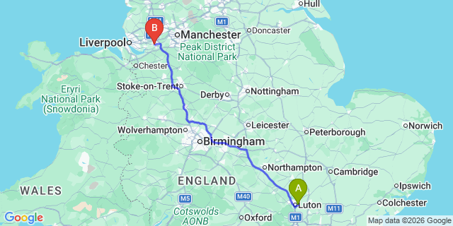 Map: London Luton Airport (LTN) to Warrington