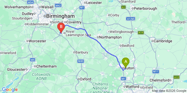 Map: London Luton Airport (LTN) to Warwick