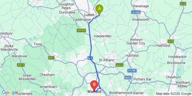 Map: London Luton Airport (LTN) to Watford