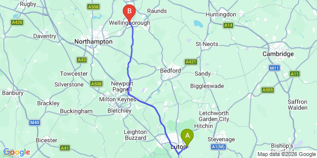 Map: London Luton Airport (LTN) to Wellingborough