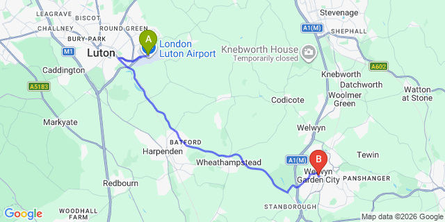 Map: London Luton Airport (LTN) to Welwyn Garden City